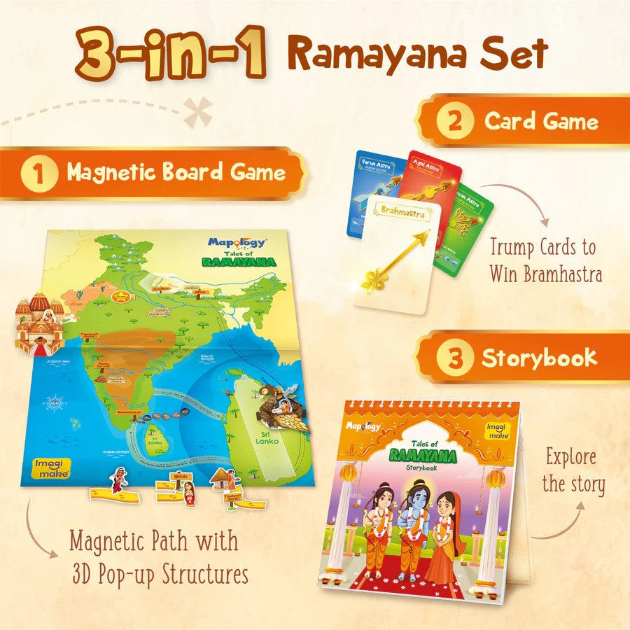3-in-1 Ramayana Set with magnetic board game, card game, and storybook on a beige background.