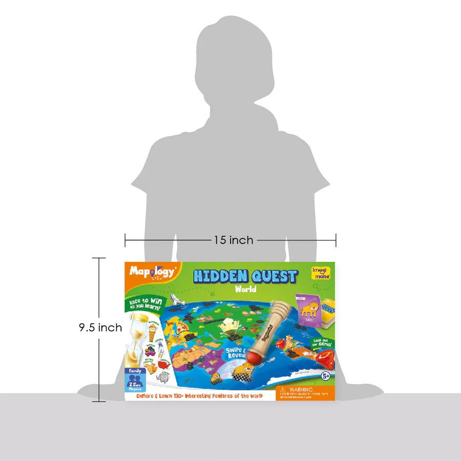 Mapalogy Hidden Quest World game box with dimensions shown against a person's silhouette.