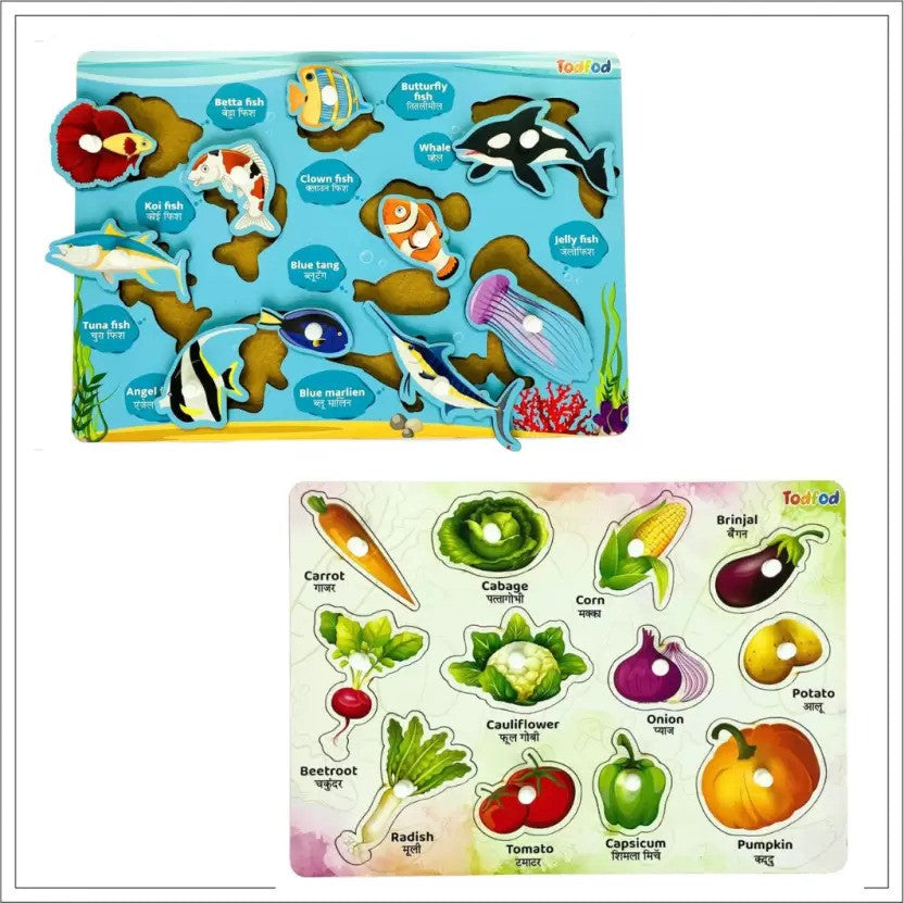Todfod Wooden Jigsaw Puzzles Fish & Vegetable Characters For Kids