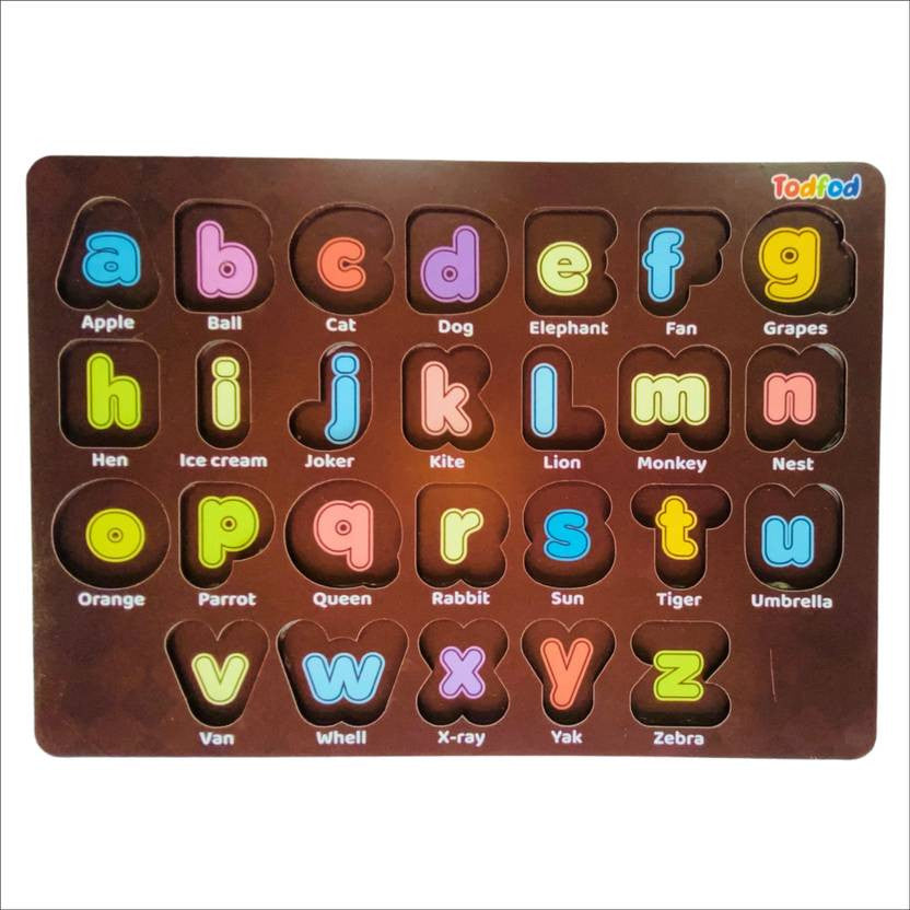 Alphabet puzzle with colorful letters and definitions on a brown background
