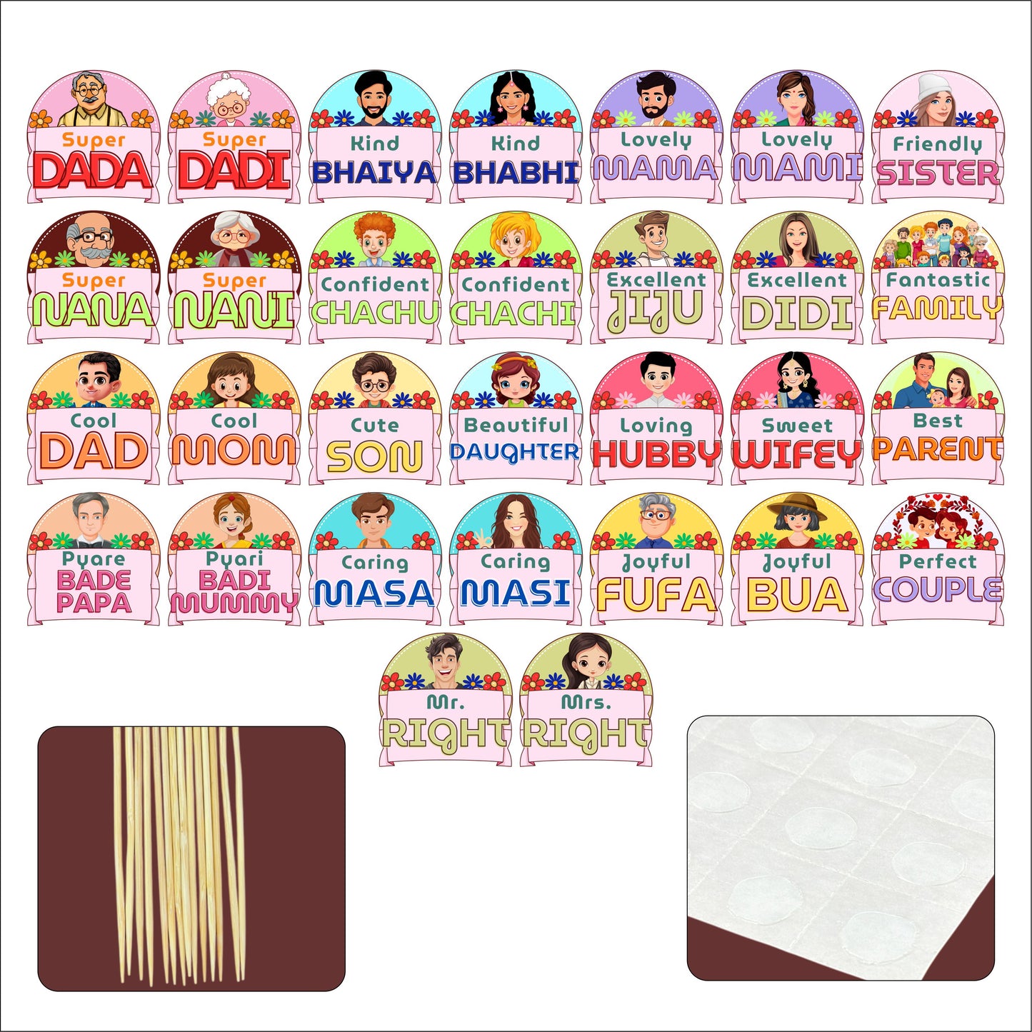 Set of decorative name tags with various family roles and colors on a white background.