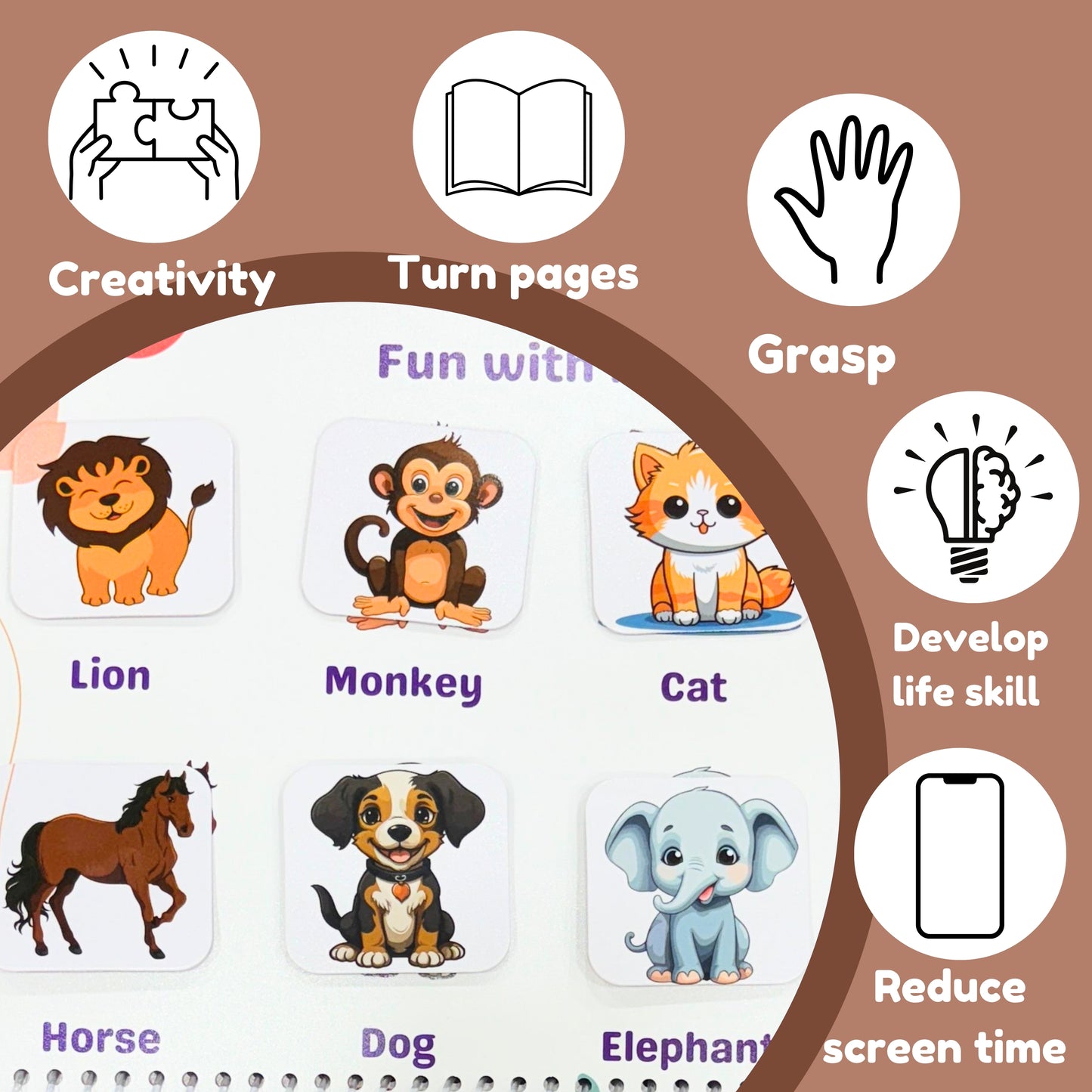 Educational children's book with animal illustrations and life skill icons on a brown background