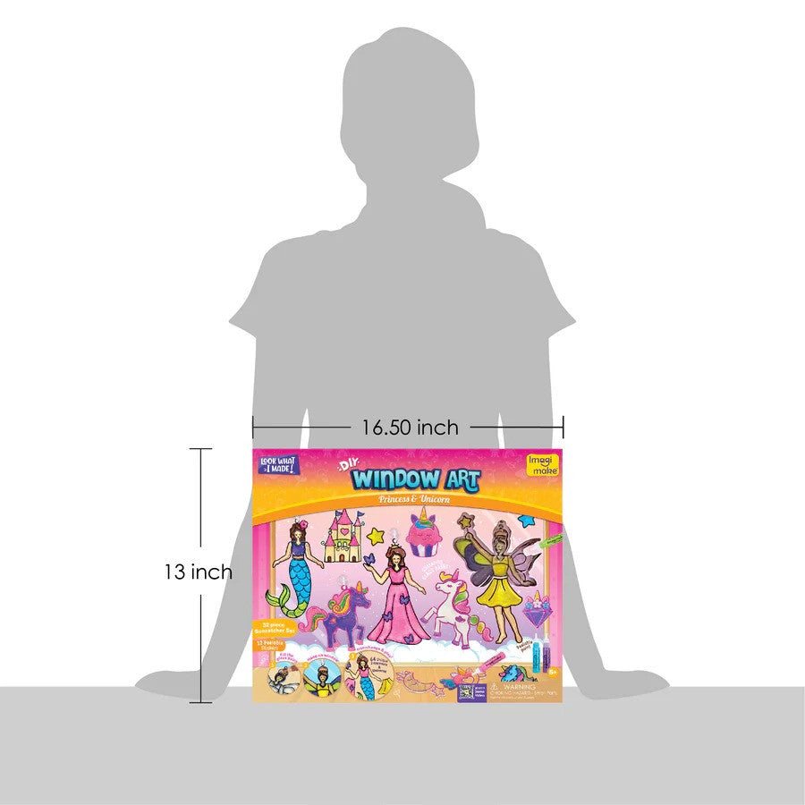 Window art kit packaging with dimensions shown against a silhouette of a person
