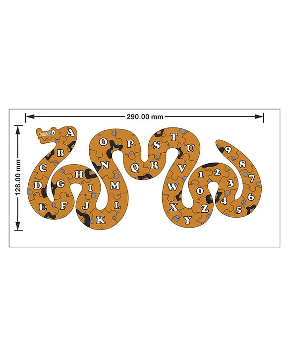 Snake-shaped alphabet puzzle with measurements on a white background
