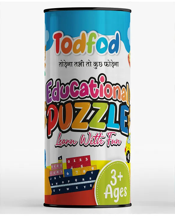 Todfod educational puzzle packaging with colorful text and graphics on a white background