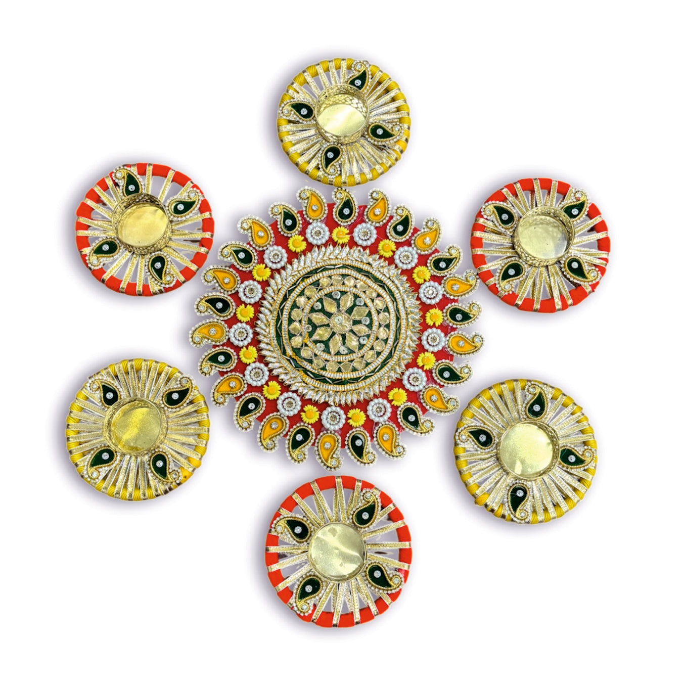 Decorative items with gold, red, and yellow colors on a white background