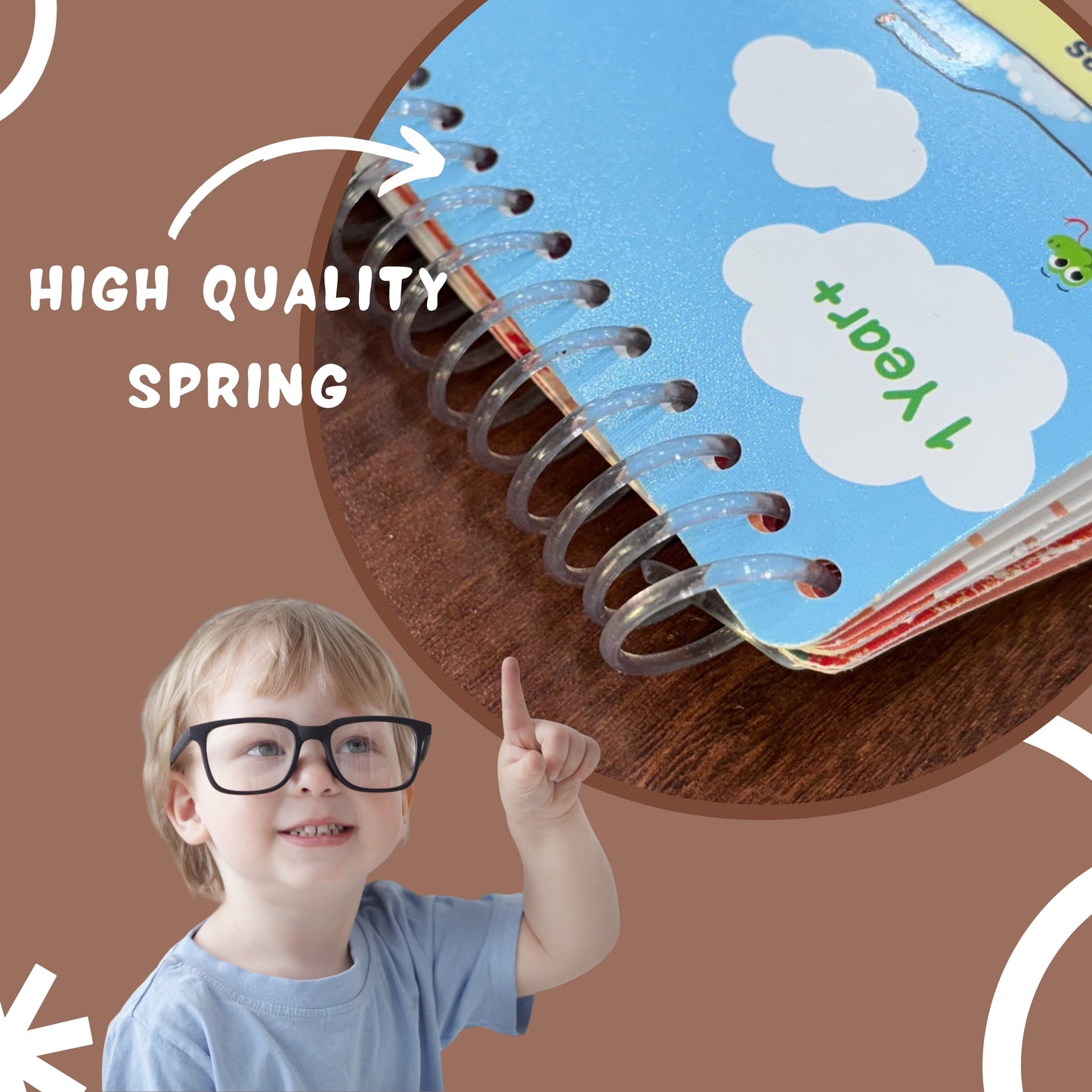 Child pointing at a book with a high-quality spring mechanism on a brown background