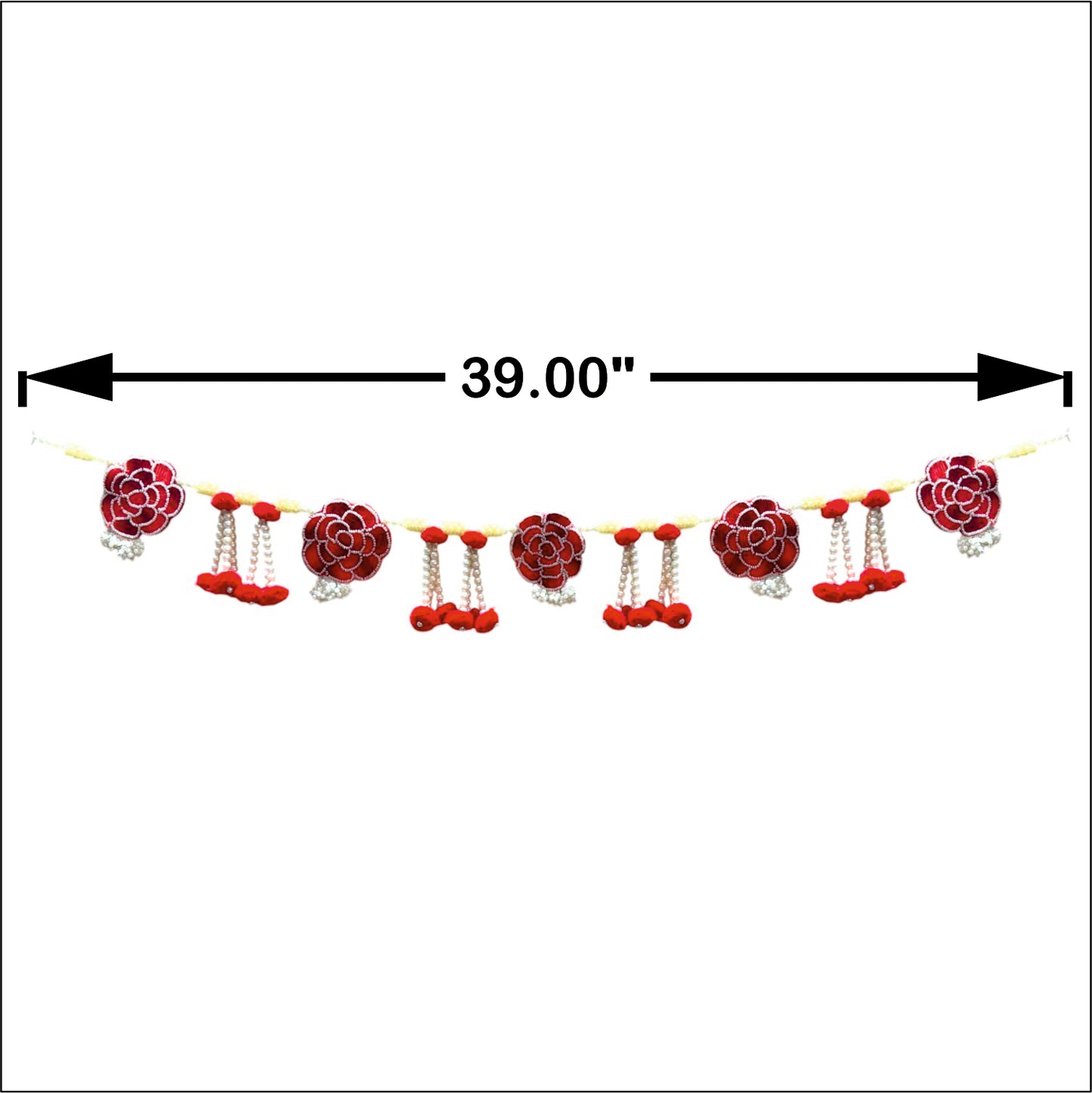 Decorative garland with flowers and berries, measurement indicated on a white background