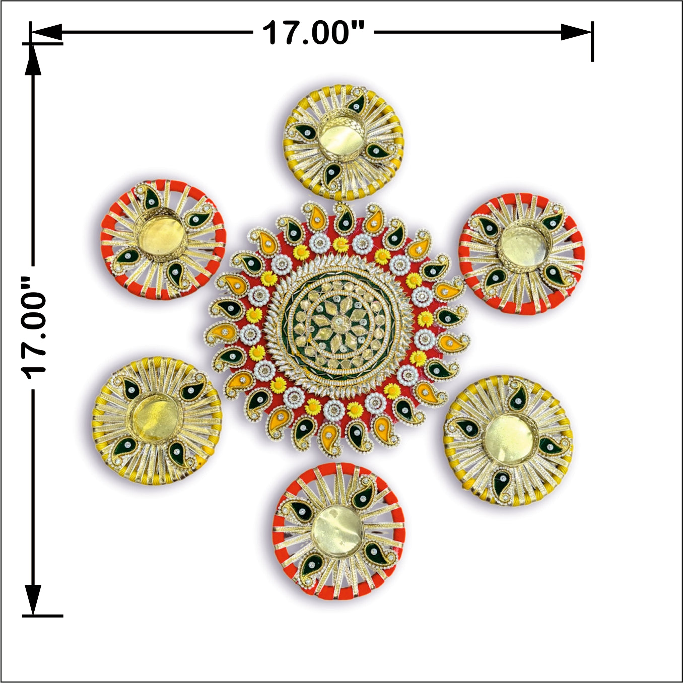 Decorative wall art with circular designs and measurements on a white background