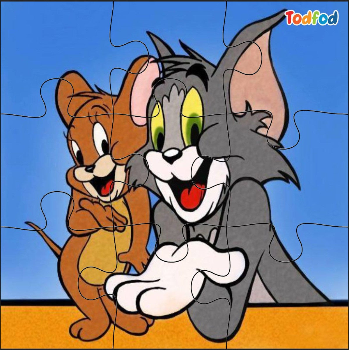 Cartoon characters in a puzzle layout with a blue background