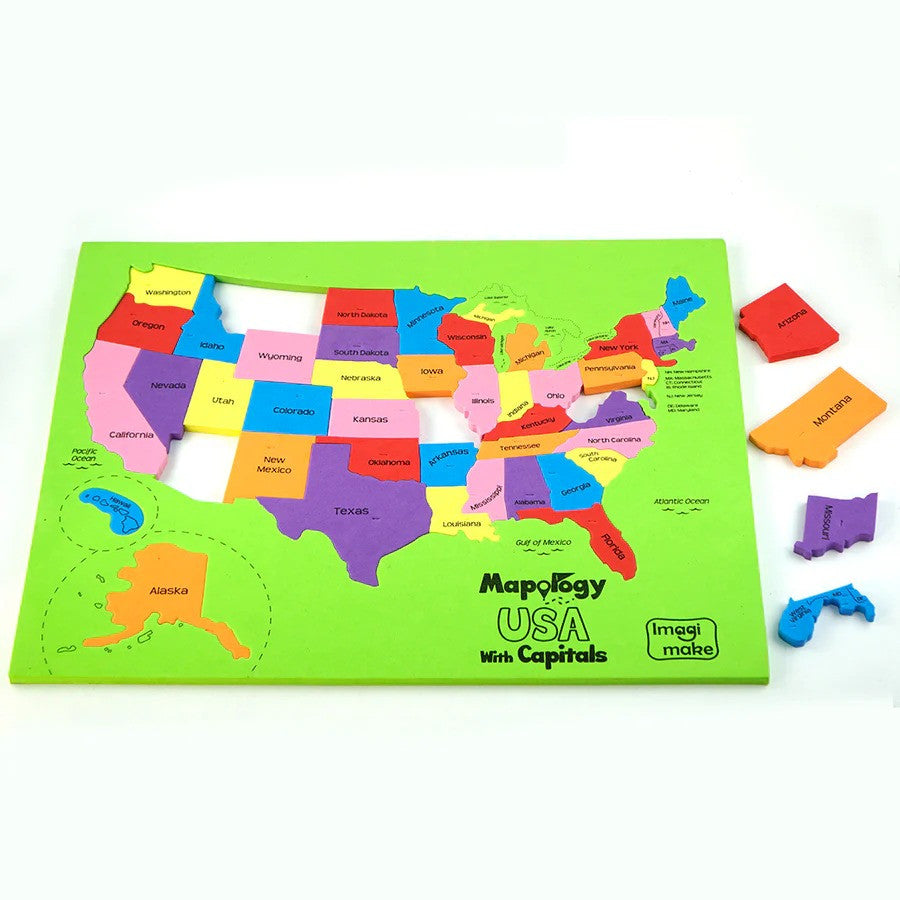 Colorful USA map puzzle with individual state pieces on a white background
