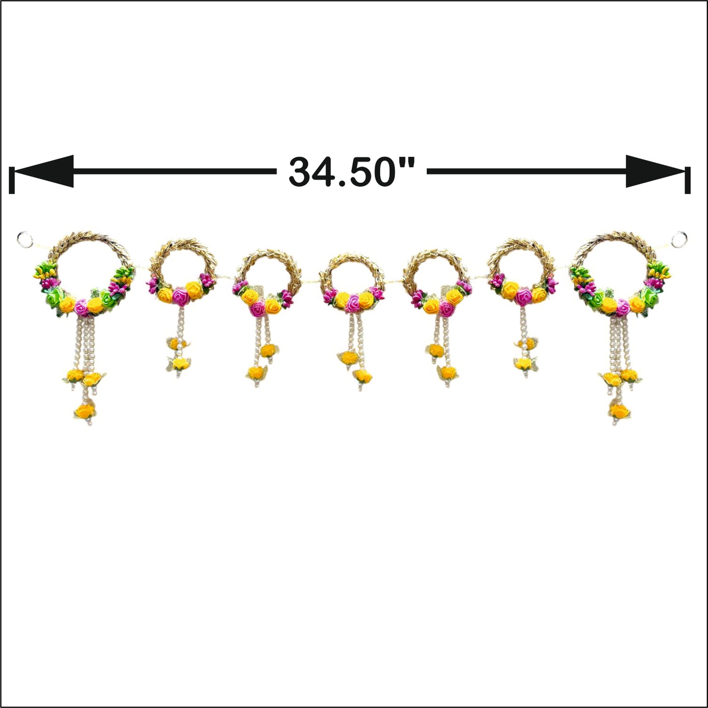 Decorative hanging ornaments with colorful beads and chains on a white background.