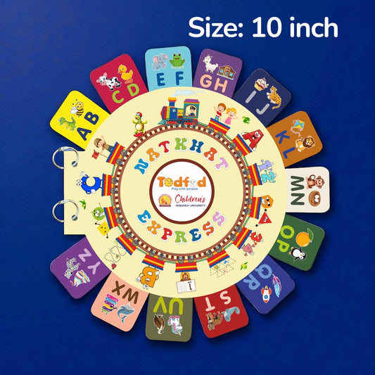 Children's educational wheel with alphabet cards on a blue background