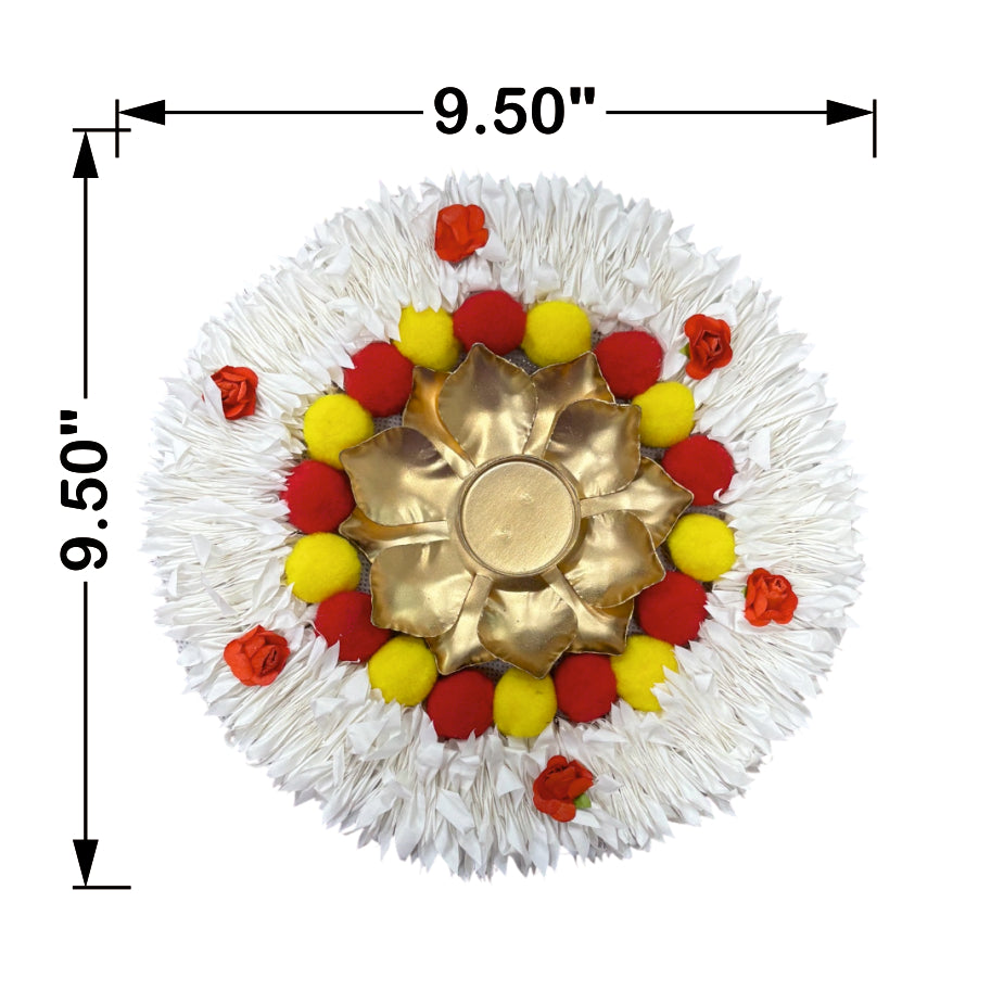 Decorative item with a gold center, red and yellow accents, and white base, with dimensions indicated.