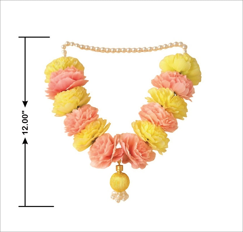 Floral necklace with pink and yellow flowers on a white background