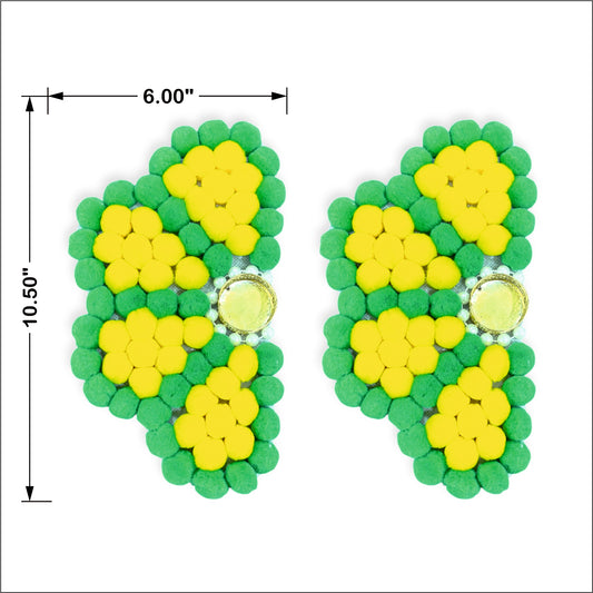 Pair of green and yellow beaded earrings with measurements on a white background