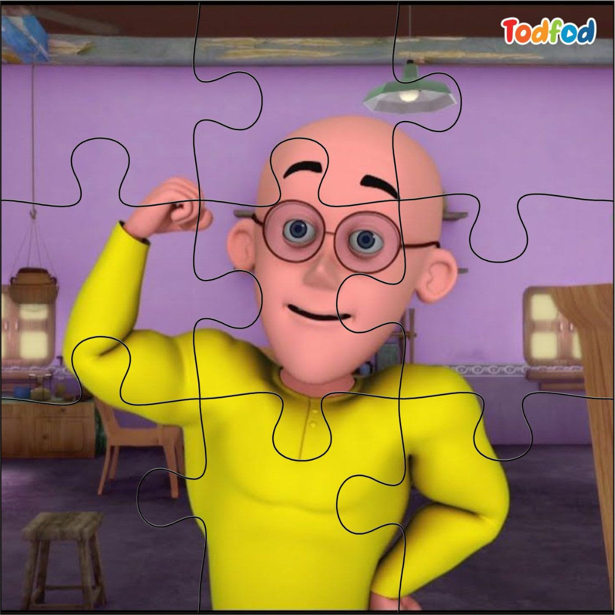 Animated character in a yellow outfit with a puzzle piece layout, featuring the brand 'Todfod'.