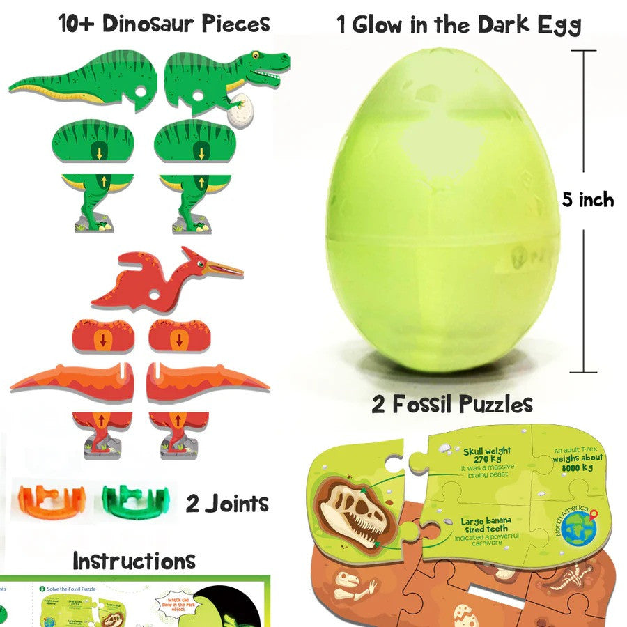 Dinosaur toy set with pieces, glow-in-the-dark egg, and puzzles on a white background.