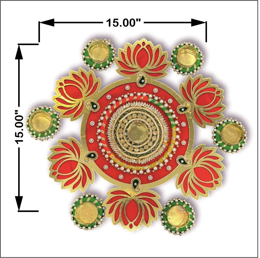 Decorative wall art with red, gold, and green colors, featuring measurements on a white background.