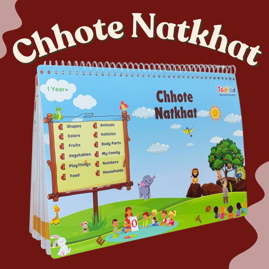 Children's educational book titled 'Chhote Natkhat' with colorful illustrations on a red background