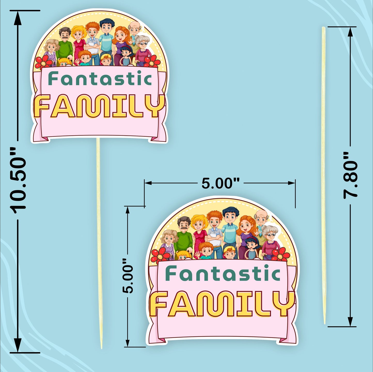 Decorative sign with 'Fantastic Family' text and dimensions on a blue background