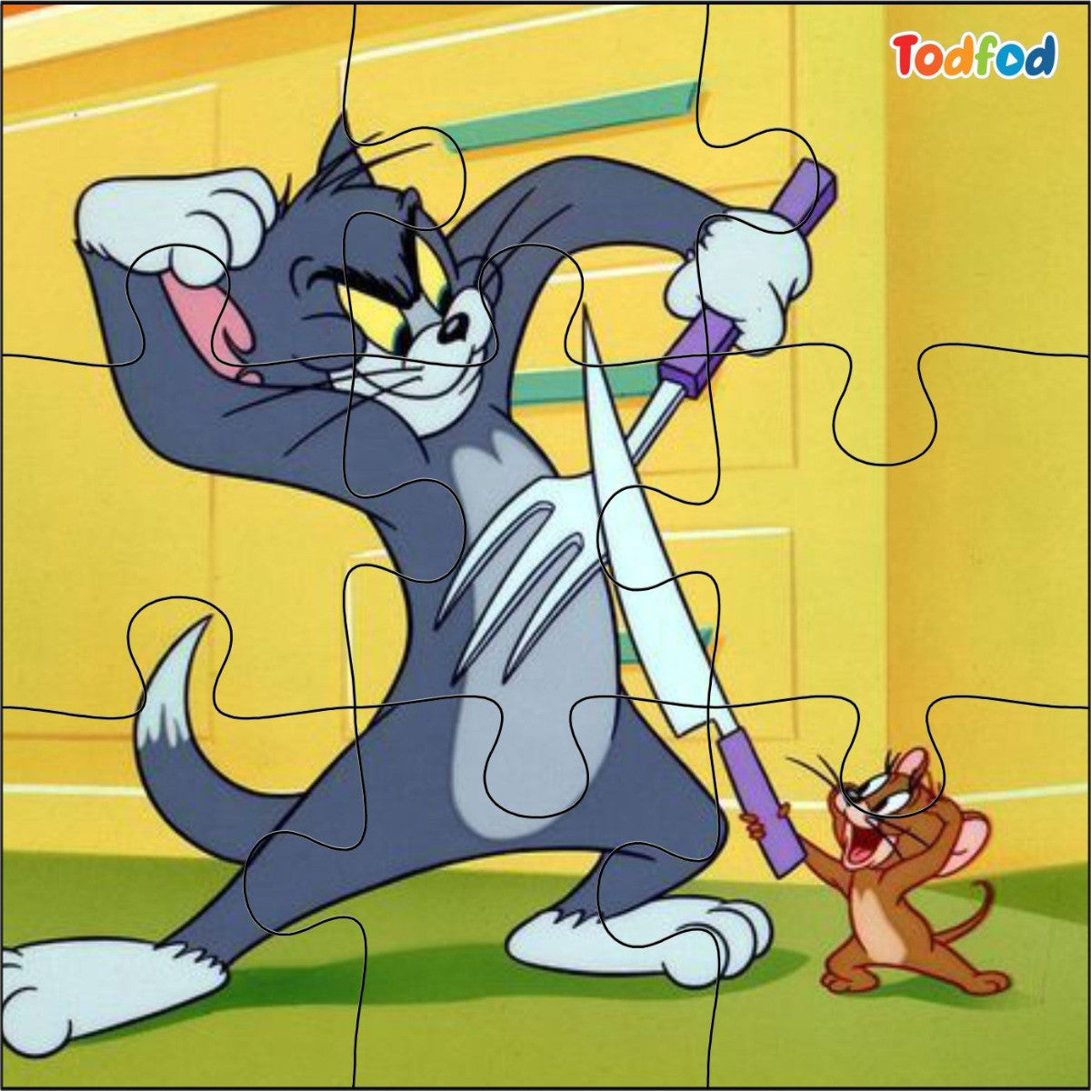 Cartoon character holding a large weapon with another character in the background, featuring the Todfod logo.