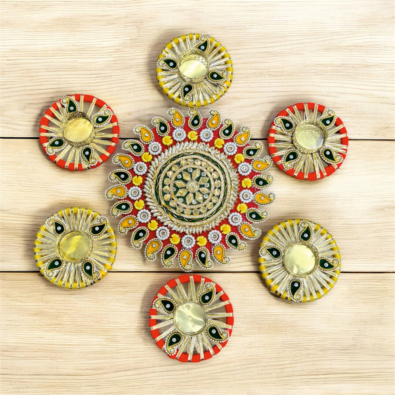 Decorative items with floral patterns on a wooden surface