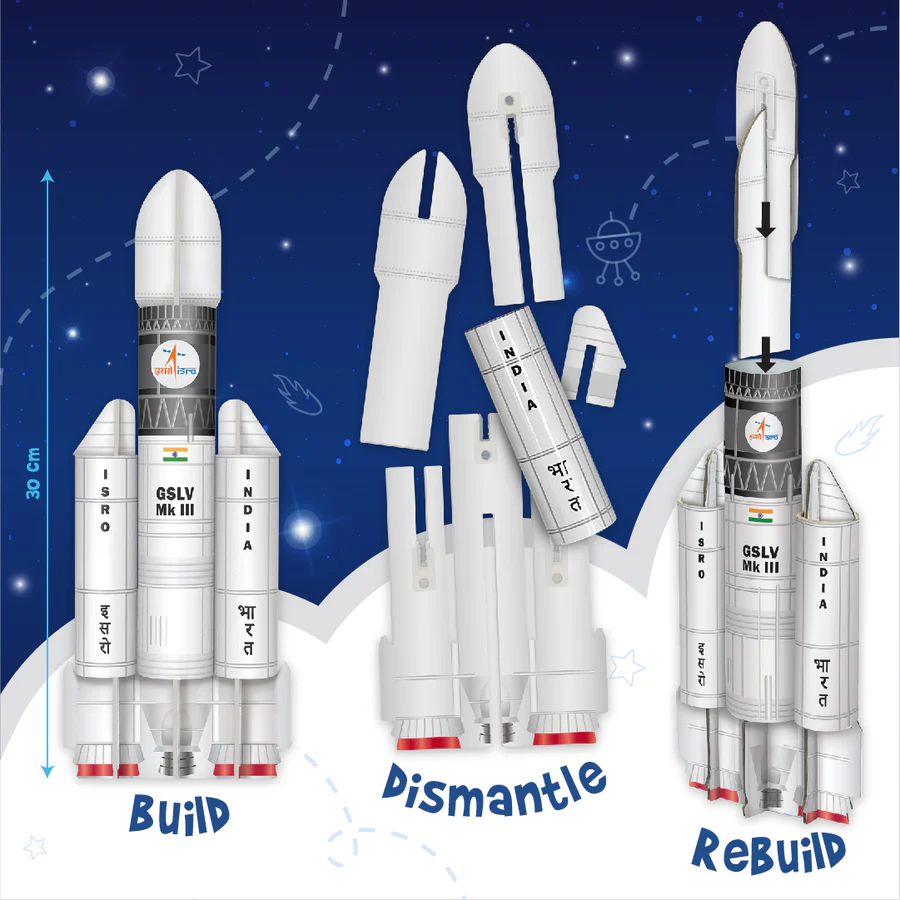 Illustration of a rocket with 'Build', 'Dismantle', and 'Rebuild' options on a space-themed background.
