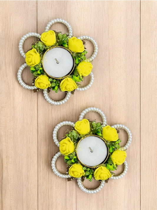 Smaran Handmade Elegant Candle Holder Set of 2 for Festivals, Weddings, Pooja Room & Home Décor, Traditional Indian Decorative Tealight Candle Set (Yellow Flower Pearl Tealight Holder)