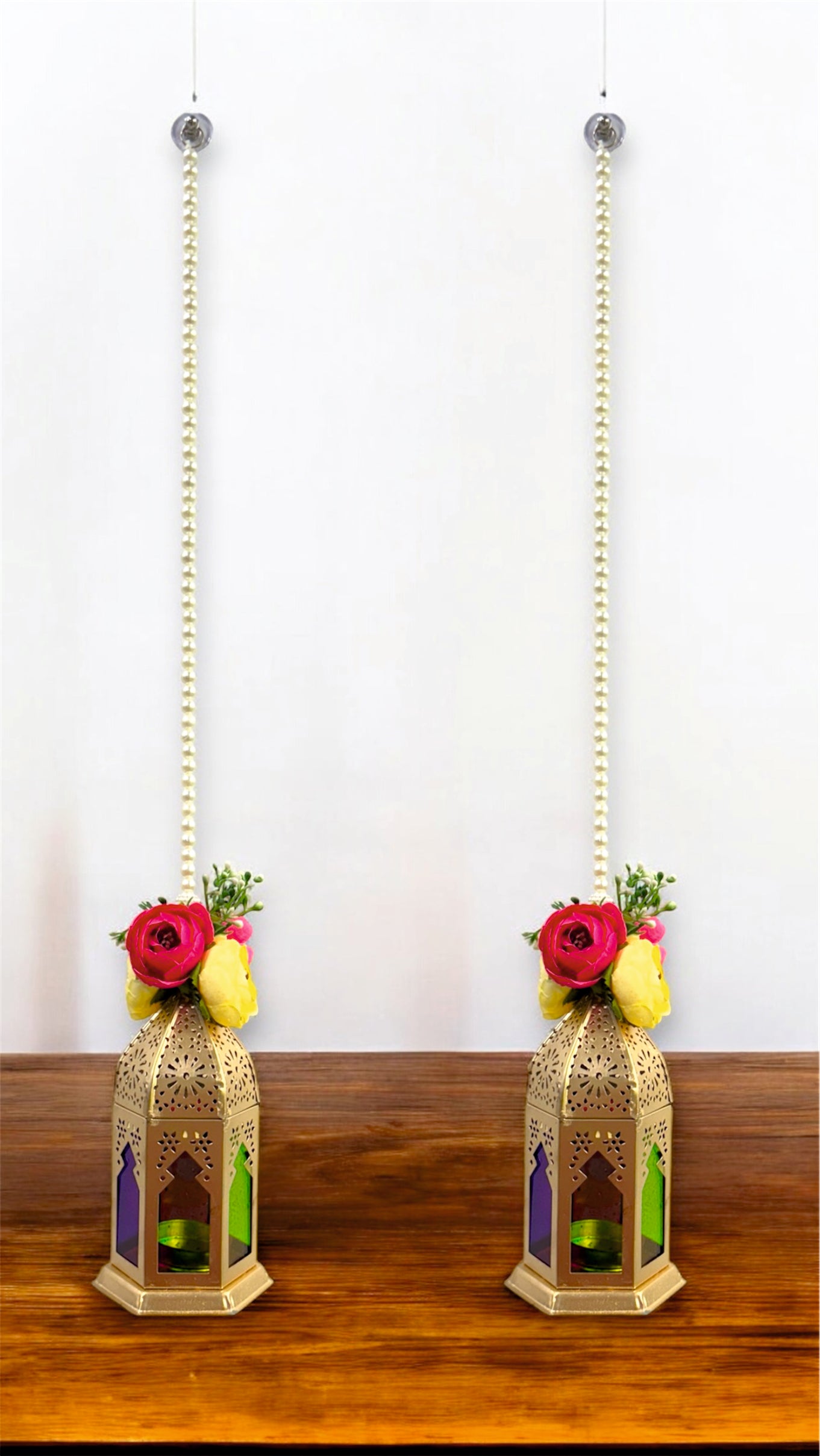 Smaran Cultural Hanging Latkan Pair with Tealight Holders – Handmade Traditional Decorative Hanging with Beads & Embellishments for Home, Main Door, Pooja Room, Mandir