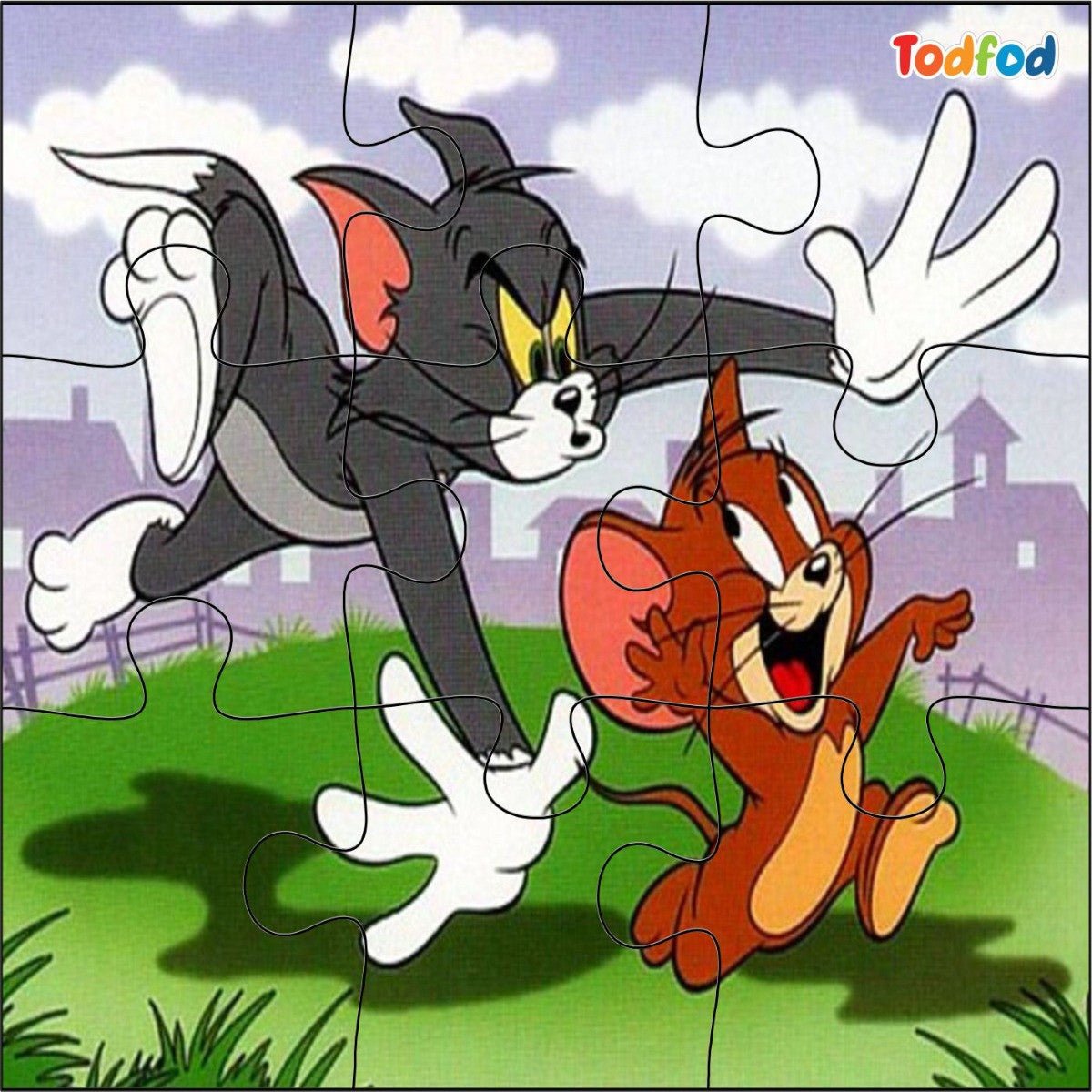 Cartoon characters in a playful chase scene with 'Todfod' branding.