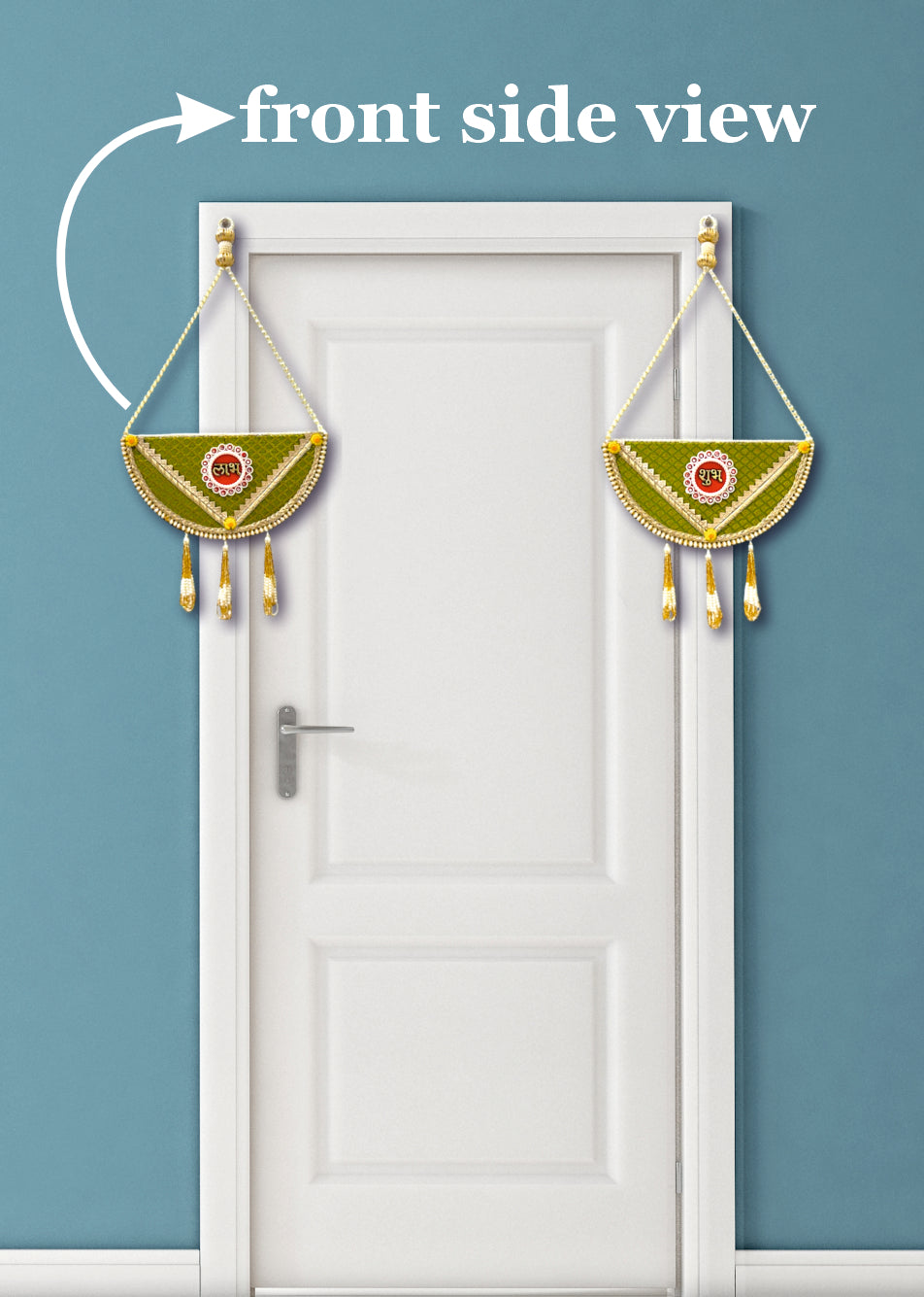 Smaran Half-Moon Shubh Labh Toran with Beads – Handmade Traditional Decorative Hanging with Green & Gold Accents for Main Door, Wall, Pooja Room, Mandir, Festivals, Weddings