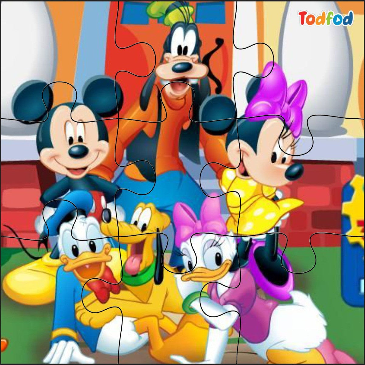 Cartoon characters from Disney in a colorful setting with 'Todfod' branding.