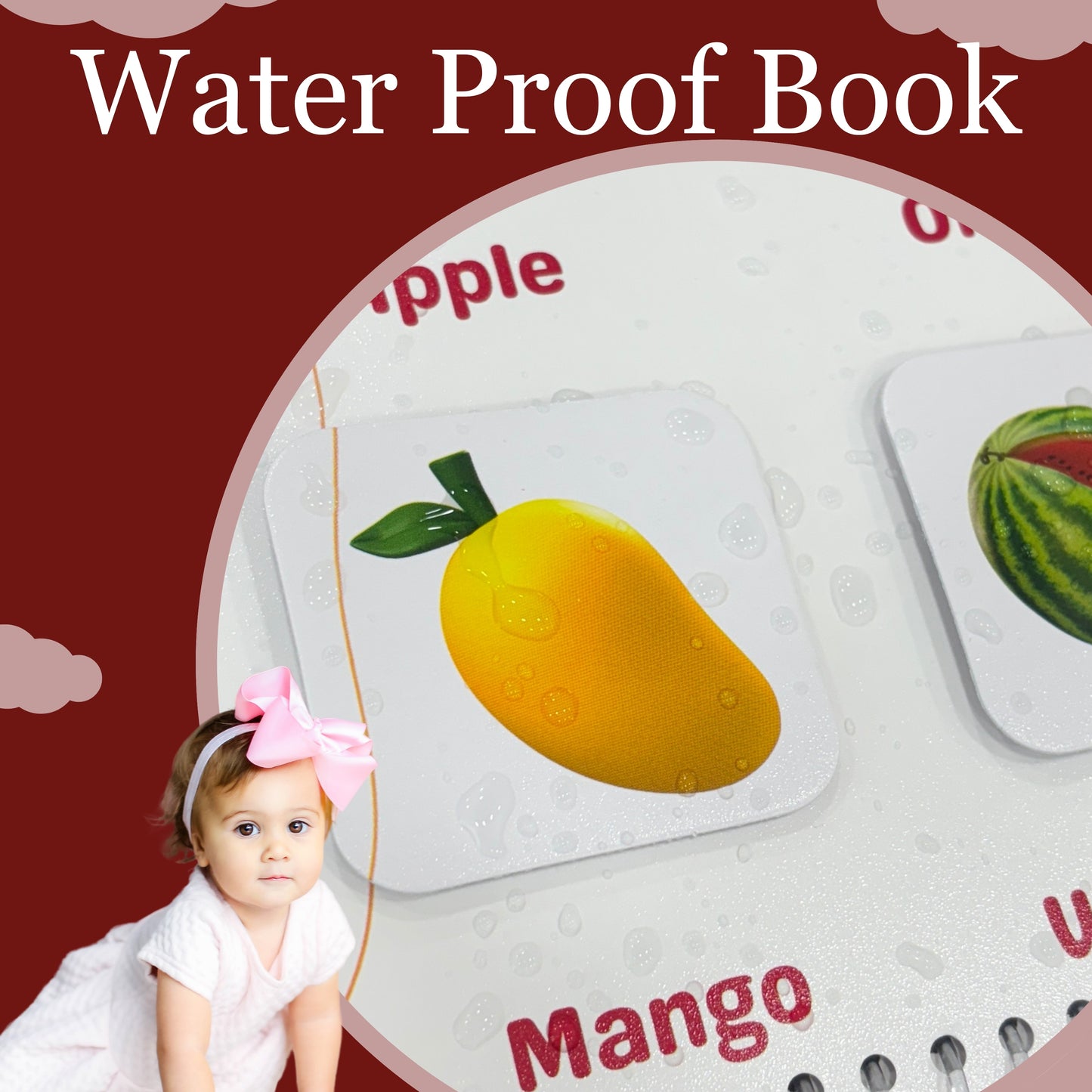 Children's book with a mango illustration on a red background, featuring a child.