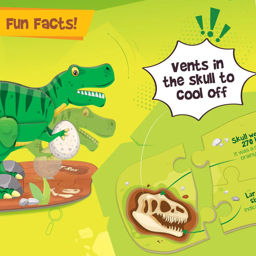 Educational children's book about dinosaurs with a green dinosaur and egg on a yellow background.