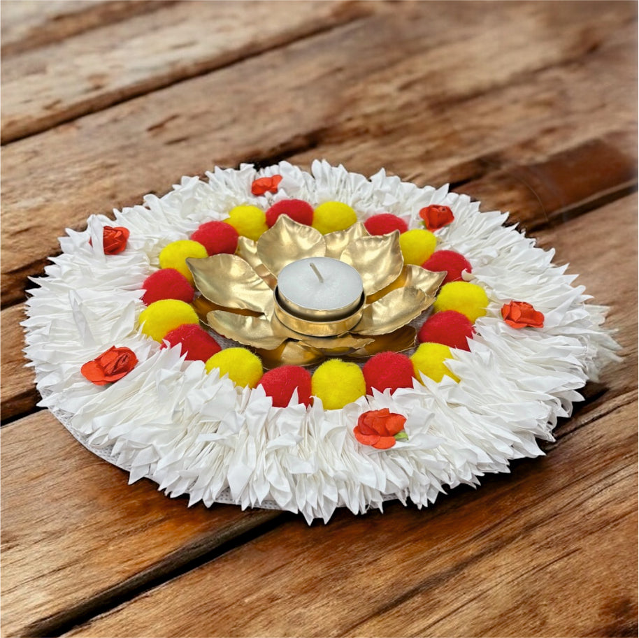 Decorative candle holder with flowers on a wooden surface