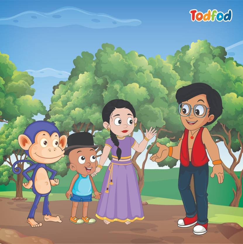 Cartoon characters with a monkey in a forest setting, featuring the Todfod brand.