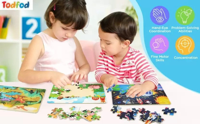 Two children playing with puzzles, surrounded by educational icons and text about cognitive development.