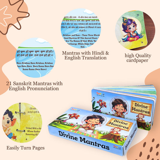 Children's book titled 'Divine Mantras' with colorful illustrations and text on a beige background.