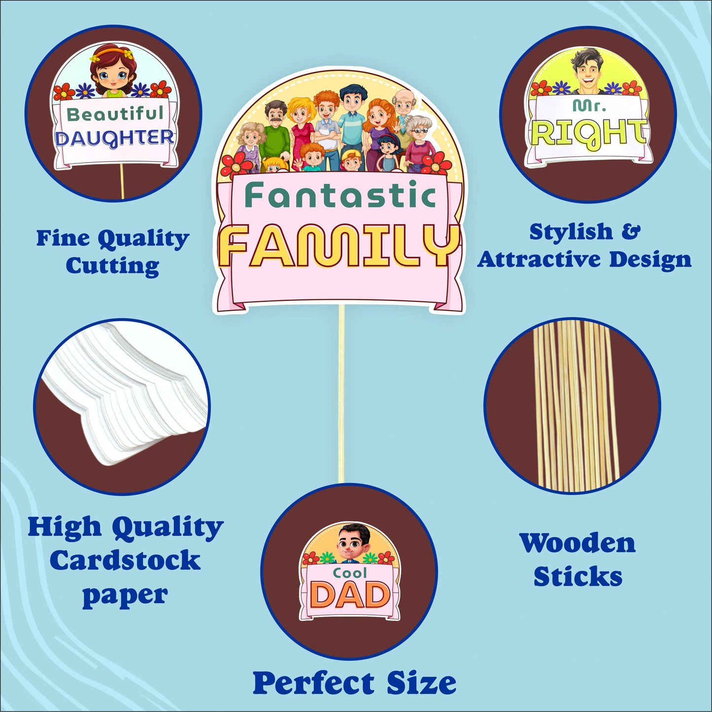 Promotional image of a family-themed product with text and images on a blue background.