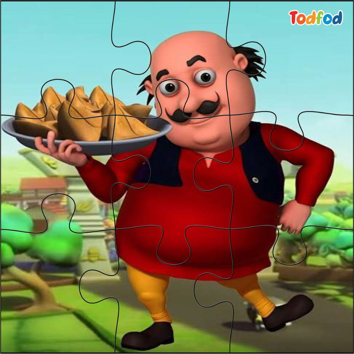 Cartoon character holding a plate of samosas with a blurred background