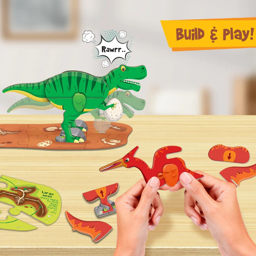 Children building a dinosaur puzzle with colorful pieces on a wooden surface.