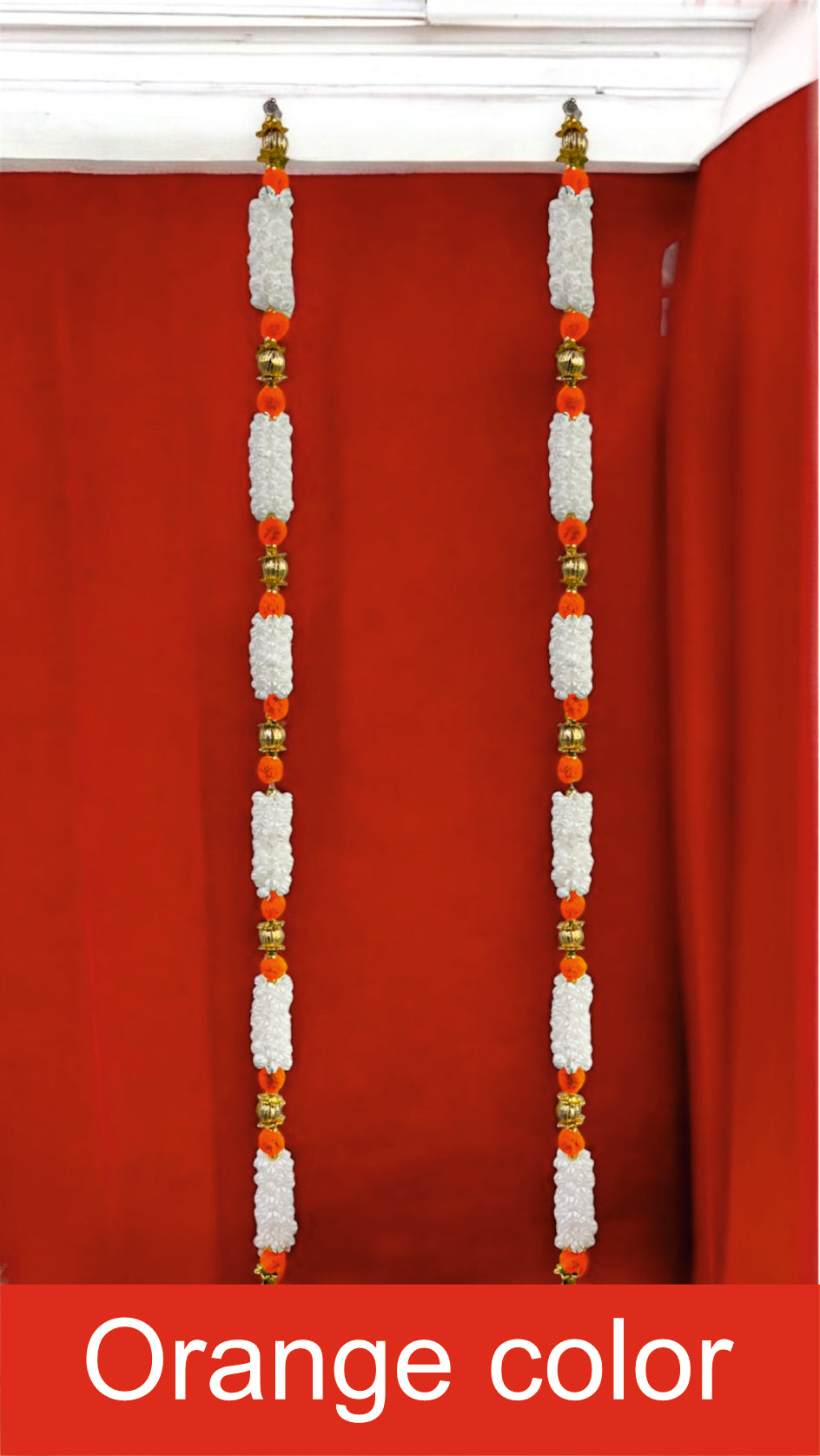 Smaran Mogra Golden Ball Latkan Set – Handmade Decorative Hanging Pair with Floral Accents & Golden Beads for Main Door, Mandir (Mogra Golden Ball Latkan Set Orange)