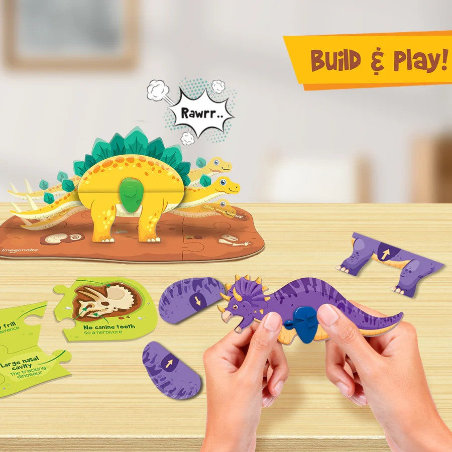 Dinosaur-themed building and play set with hands interacting with the pieces on a wooden surface.
