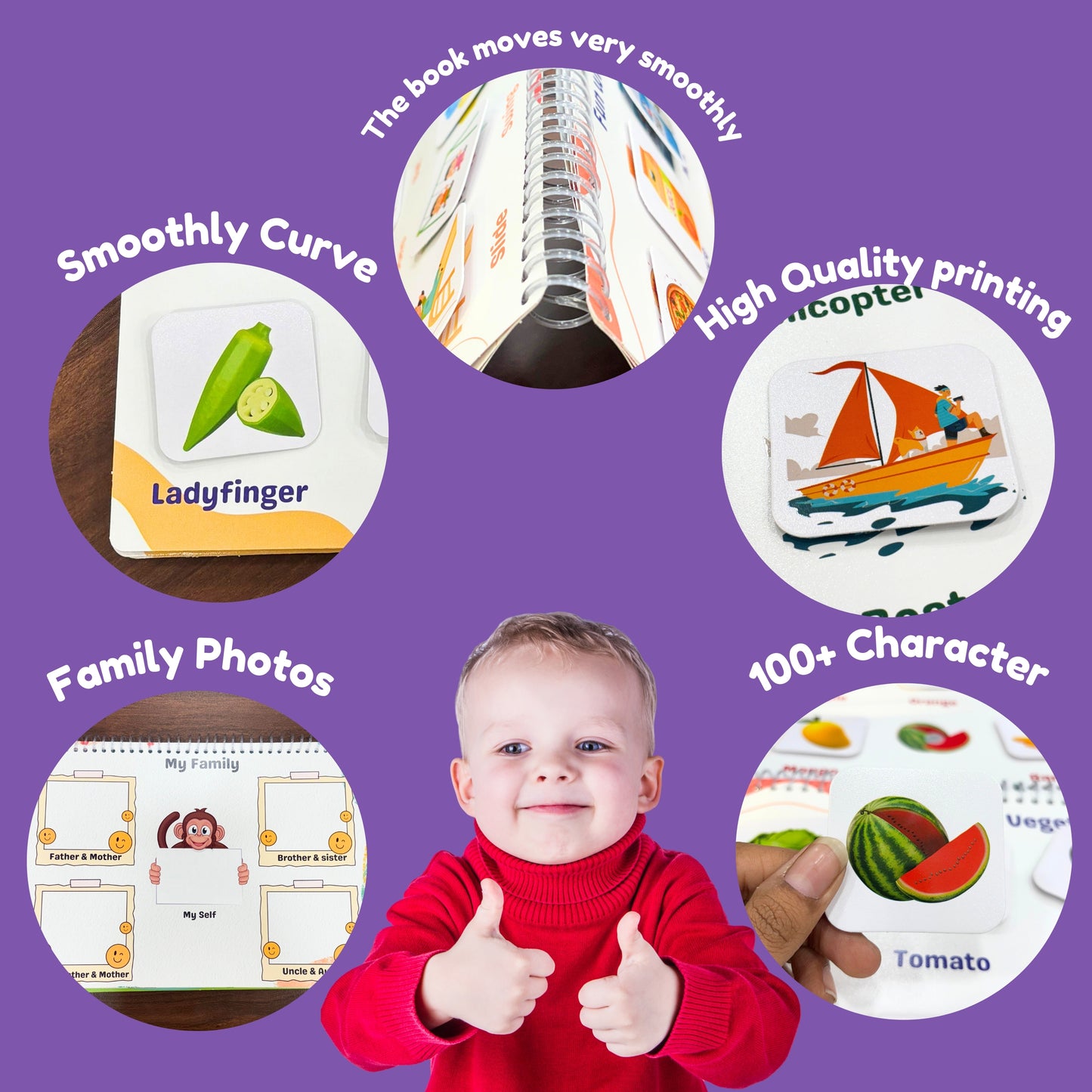 Child in a red sweater with educational book pages on a purple background