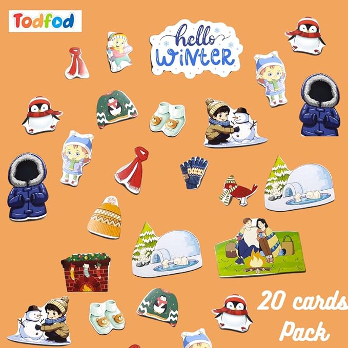 Collection of winter-themed cards with Todfod branding on an orange background