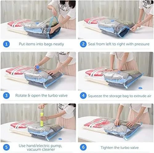 Step-by-step process of using vacuum storage bags with a person demonstrating each step.