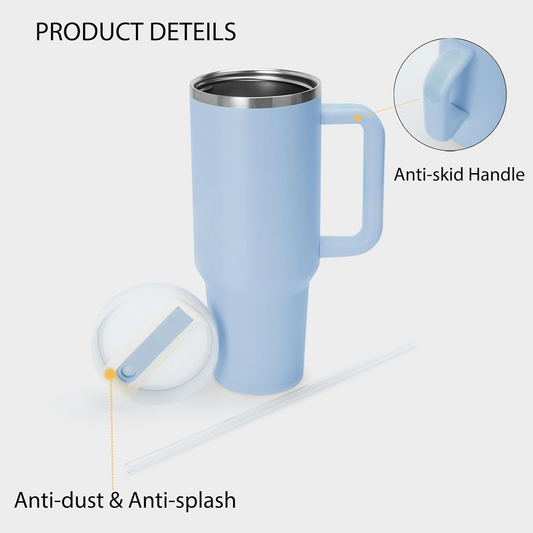 Blue travel mug with handle and lid on a white background