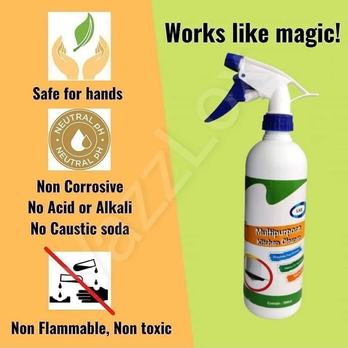 Spray bottle with safety features and product description on a green and orange background
