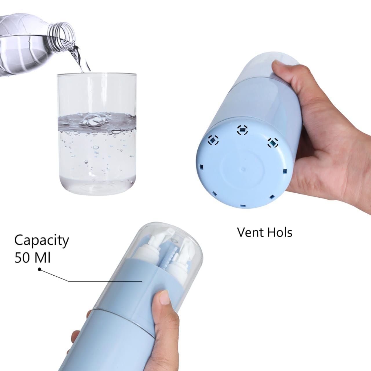 Small blue bottle with vent holes and capacity labeled, being held and poured into a glass.